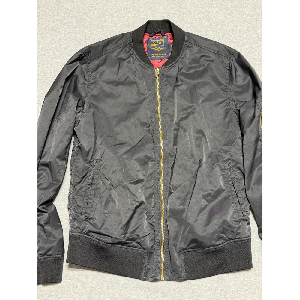CPO Provisions Mens Black Bomber Jacket Gold Zip‎ Utility Pocket Small S-P